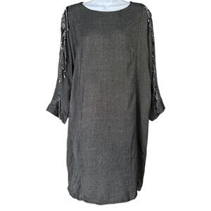 No. 6 Store Grey Midi Shift Dress Women's 1/ Small Fringe 3/4 Sleeve Boho Career